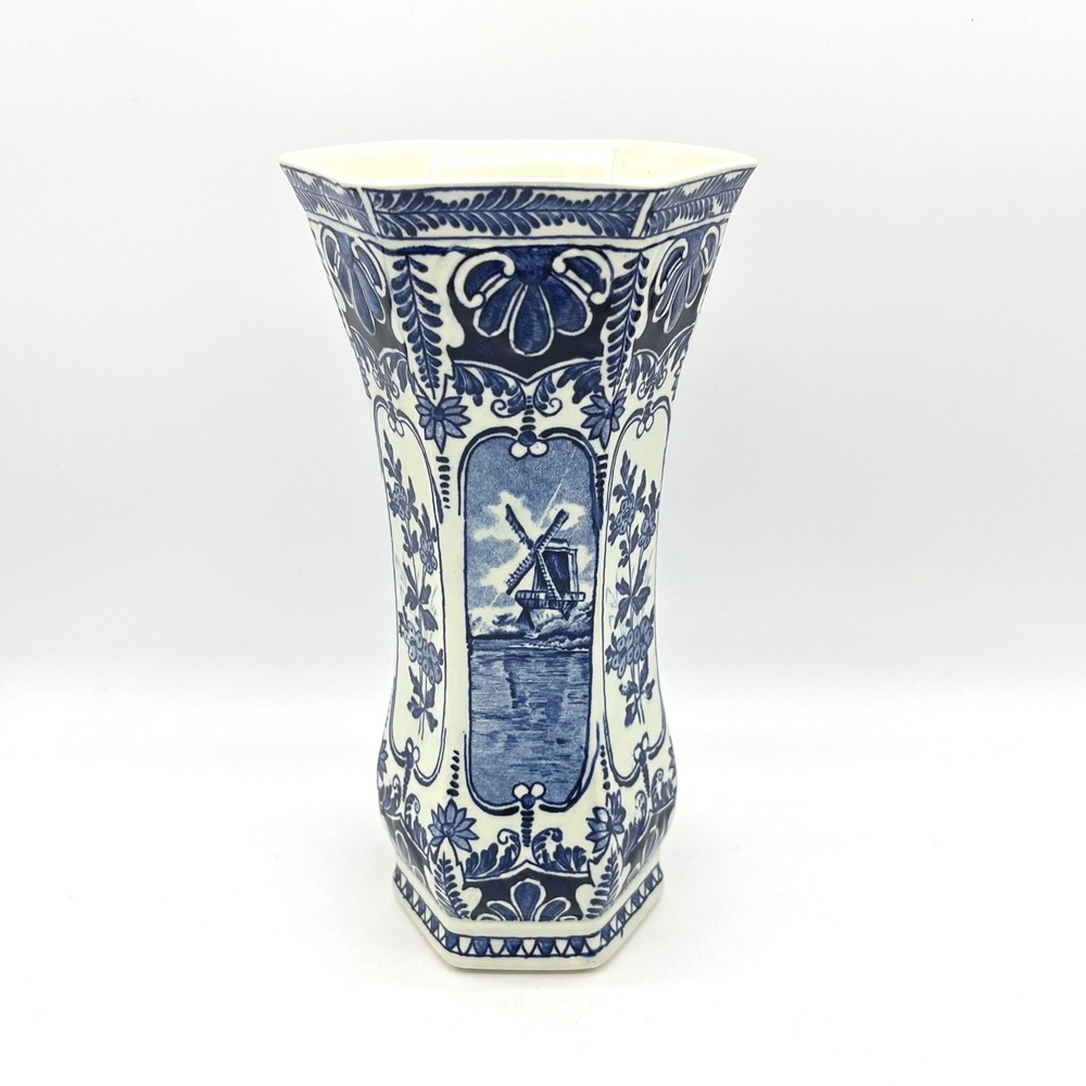 Boch Belgium Royal Sphinx Delft Blue Windmill Hexagonal Trumpet Vase 9.25"